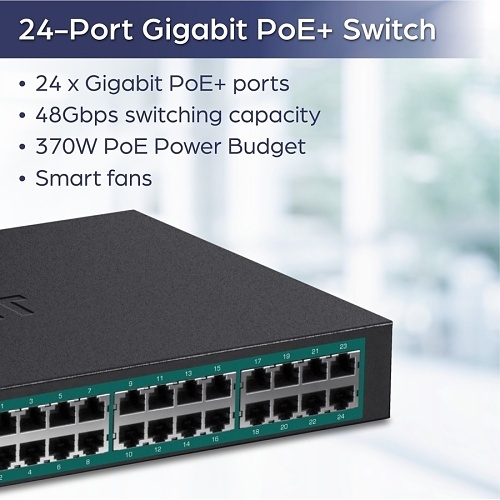 TRENDnet TPE-TG240g 24-Port Gigabit PoE+ Switch, 48 Gbps, 370W PoE