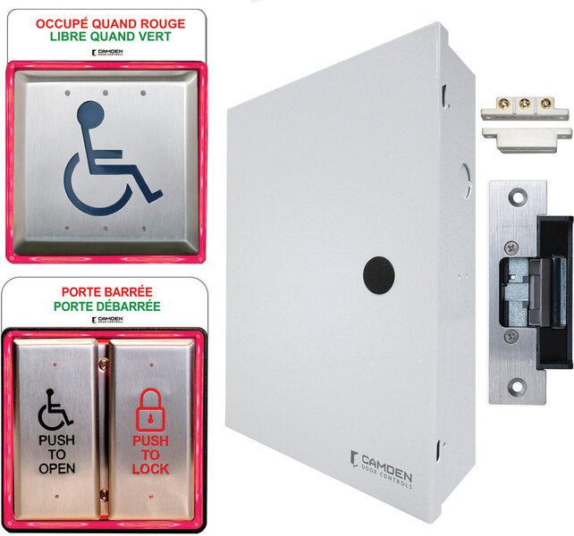 Camden Illuminated Restroom Kit, Flush, Power Sup Cab & Strike Bilingual French and English