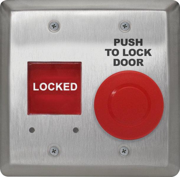 Camden Double gang, mushroom push button, red, 'Push to Lock', w/ LED annunciator, 'Locked' Add suffix 'F' to model number for French language