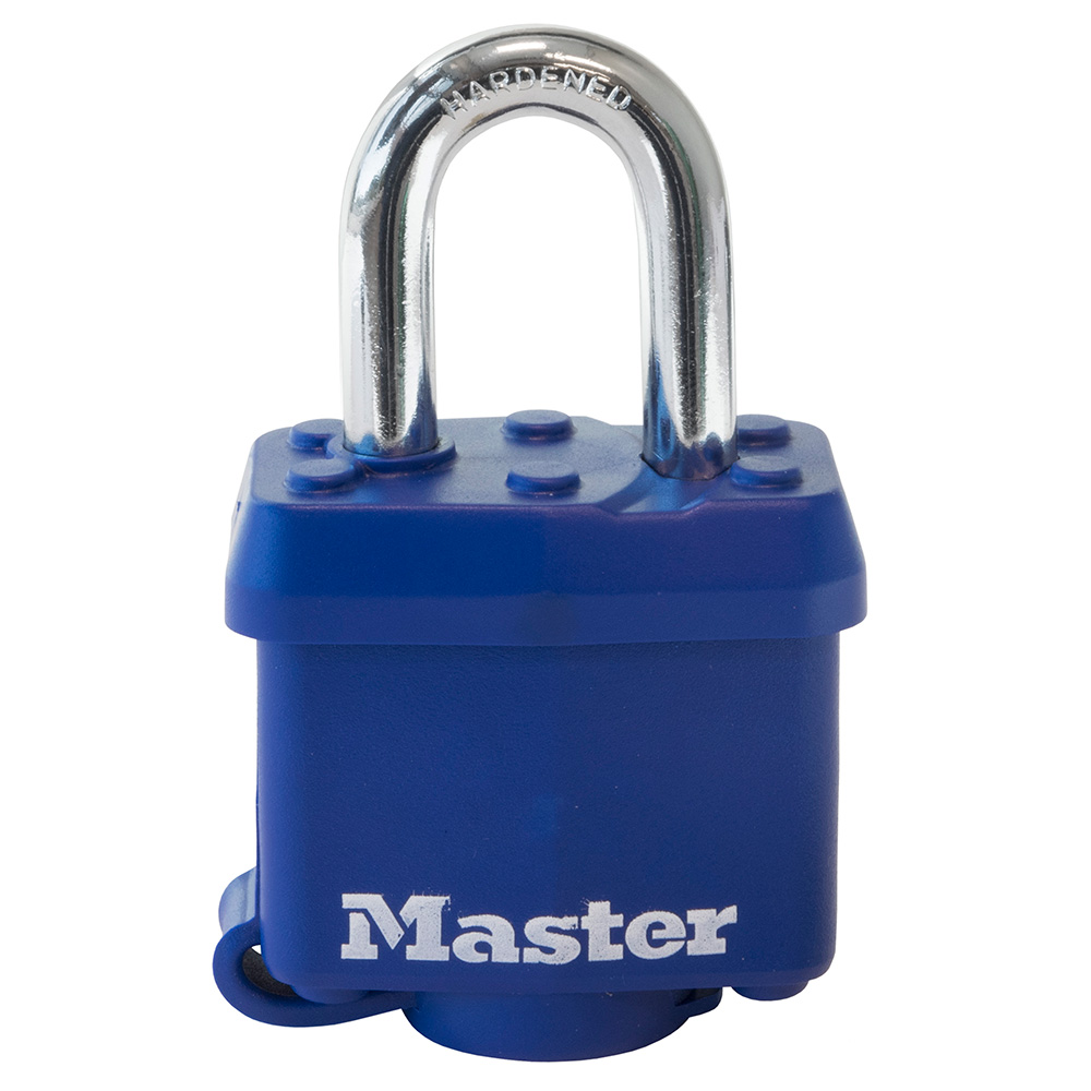 Master Lock 312D 1-9/16" (40mm) Wide Covered Laminated Steel Pin Tumbler Padlock; Blue