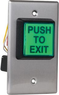 Camden 2" LED Illuminated Green 'PUSH TO EXIT' button with fixed 30 second timer, in-wall mounting box included