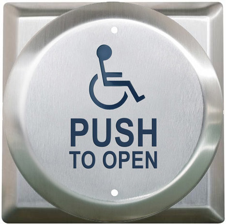 Camden 4" 4-1/2" Round Push Plate Switch w/ Square Back Plate 'WHEELCHAIR' symbol and 'PUSH TO OPEN'
