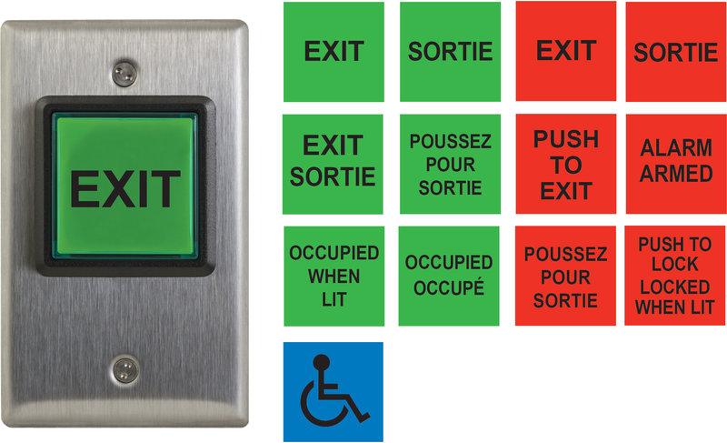 Camden CM-30C (13) English and French insert labels, 12V - 28V LED Illuminated (Red and Green): 'Push to Exit', 'Exit', 'Occupied When Lit', bilingual versions and wheelchair symbol.