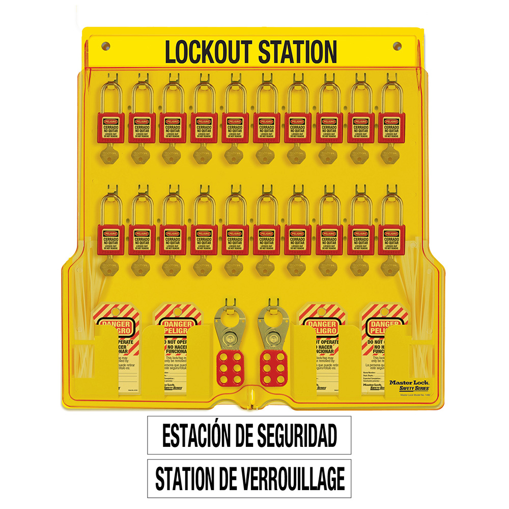 Master Lock 1484BP410FRC French/English 20-Lock Station. 410RED Zenex™ Thermoplastic Padlocks.