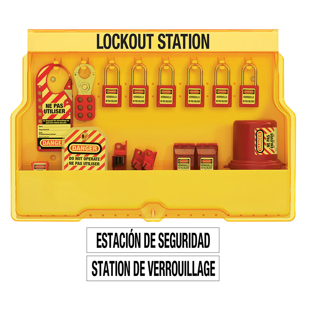 Master Lock S1850E410FRC English/French Electrical Lockout Wall Station with Standard Device Assortment and six Zenex™ Thermoplastic Padlocks Includes French safety tags, Keyed Different 