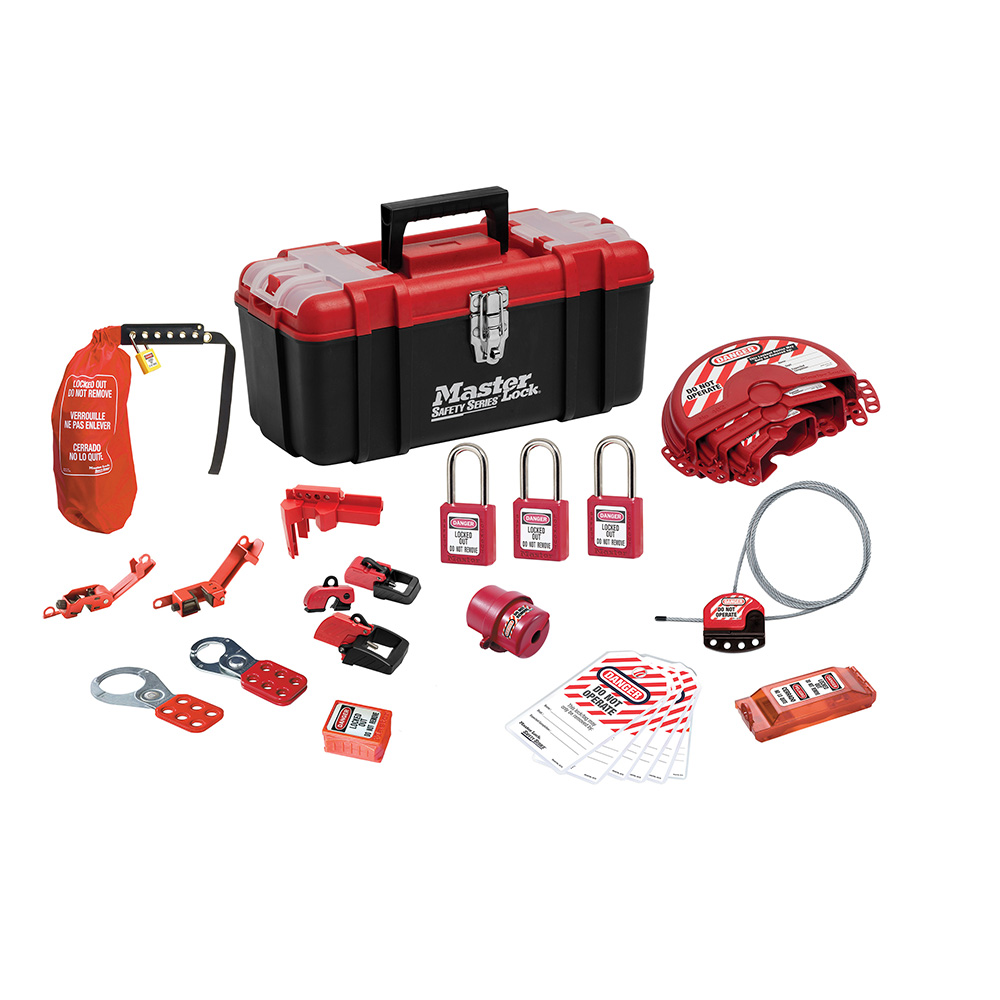Master Lock 1457VE410KA Lockout Toolbox with Standard Valve and Electrical Device Assortment and three Zenex™ Thermoplastic Padlocks, Keyed Alike 