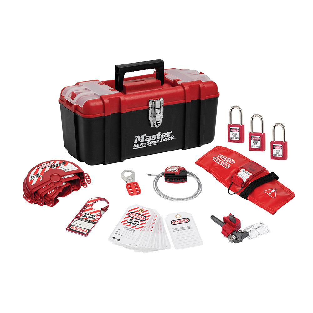 Master Lock 1457V410KA Lockout Toolbox with Standard Valve Device Assortment and three Zenex™ Thermoplastic Padlocks, Keyed Alike 