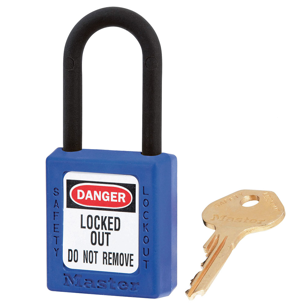 Master Lock 406KABLU Blue Dielectric Zenex™ Thermoplastic Safety Padlock, 1-1/2" (38mm) Wide with 1-1/2" (38mm) Tall Nylon Shackle, Keyed Alike